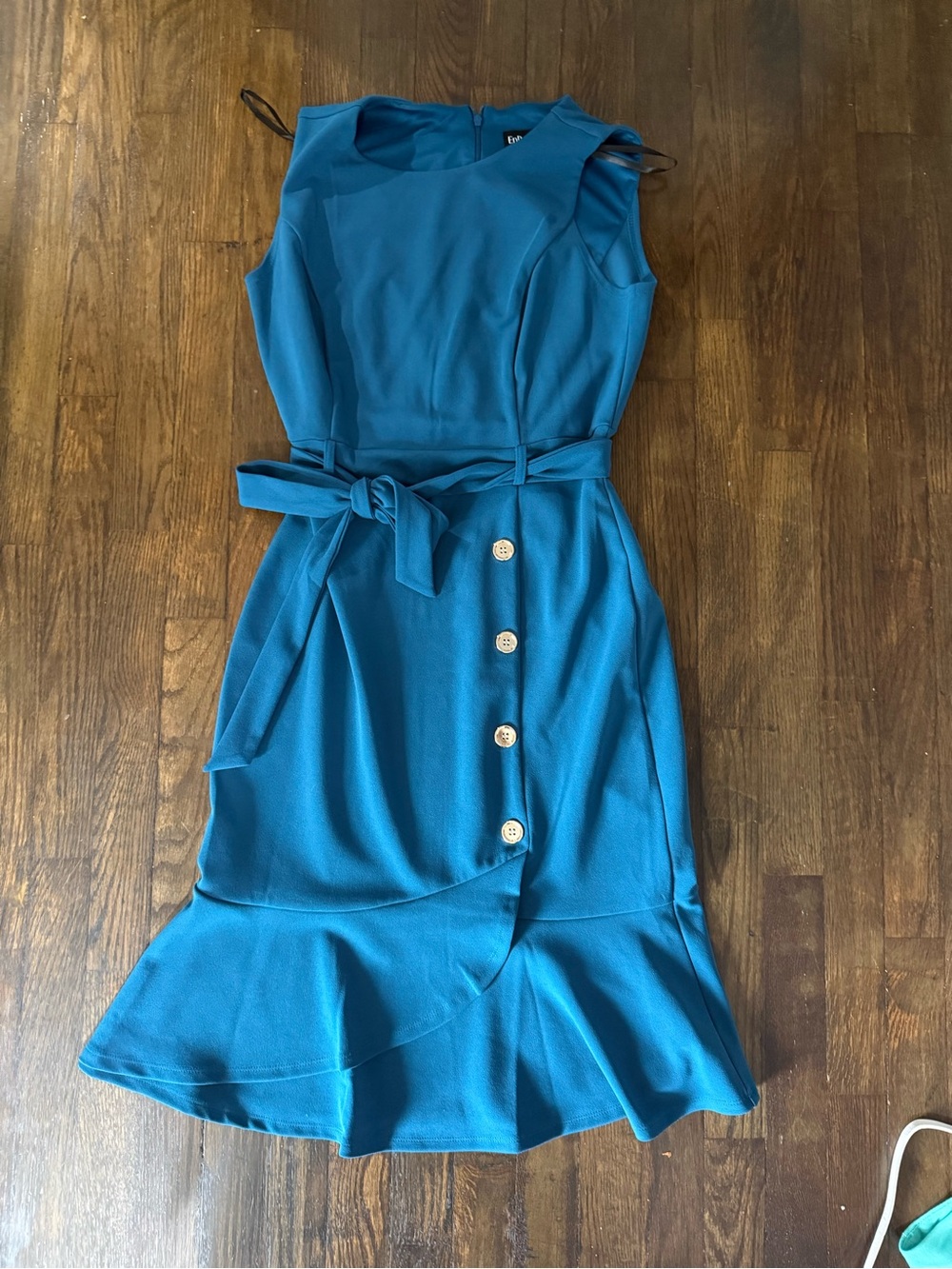Teal Sleeveless Belted Button-Front Ruffle Dress - Picture 2 of 7